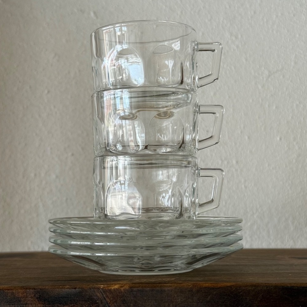 7pc Vintage Arcoroc Petale Clear Glass Tea Cup & Saucer France Set of 3 + 1 Free